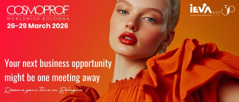 Cosmoprof Bologna promotional graphic announcing IEVA meetings, 26–29 March 2026.