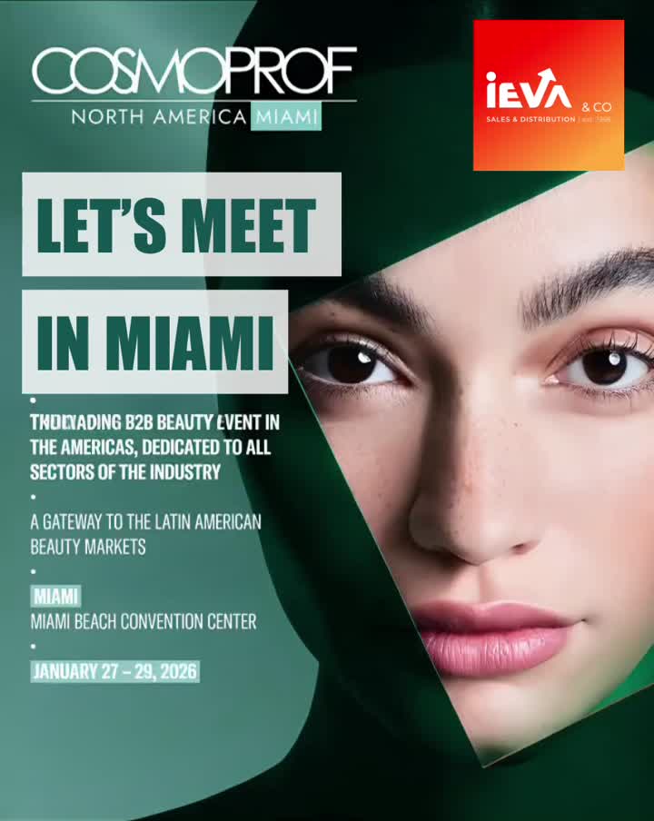 Cosmoprof North America Miami graphic inviting visitors to meet IEVA at the Miami Beach Convention Center, January 27–29, 2026.