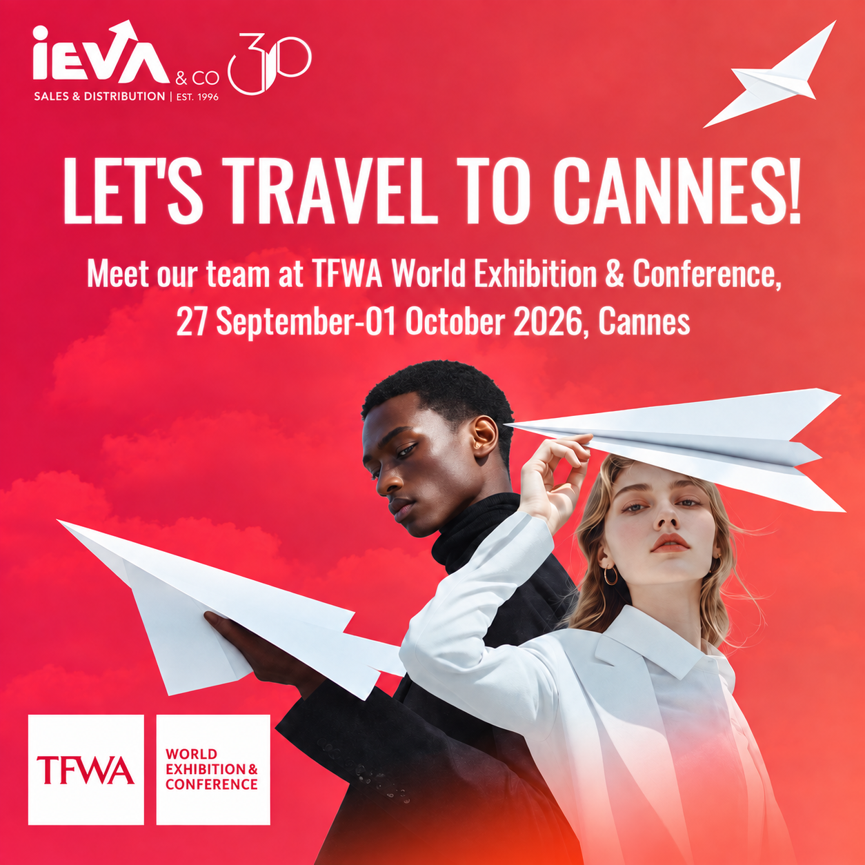 TFWA Cannes poster showing two models with paper planes and event dates of 27 September–1 October 2026.