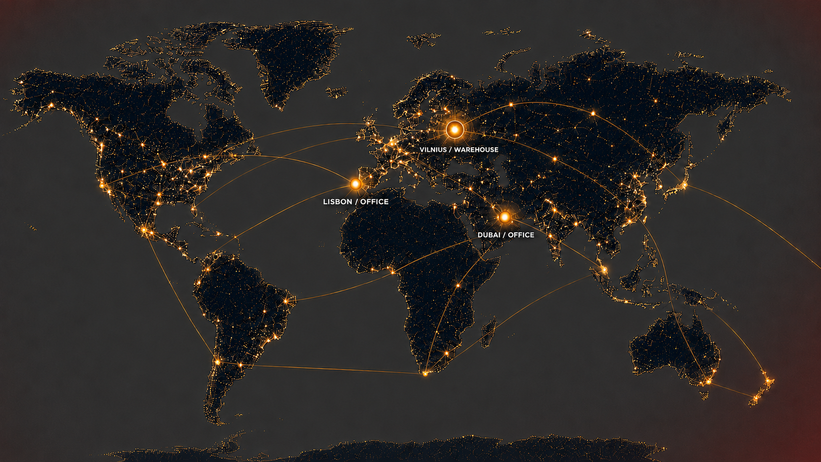 World map showing IEVA offices in Vilnius, Lisbon and Dubai, with routes linking its distribution network